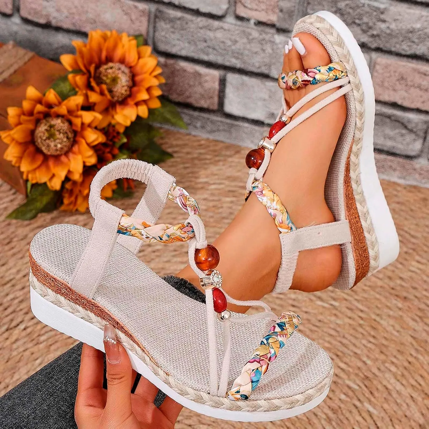 Women's Trendy Sandal Open Toe Walking Roman Summer Platform Sandals Summer Elastic Ankle Strap Beach Walking Sandals